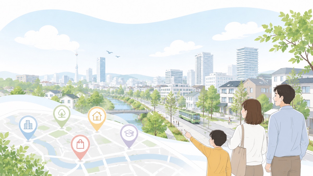 仙台市のエリアを家族で眺めるイラスト