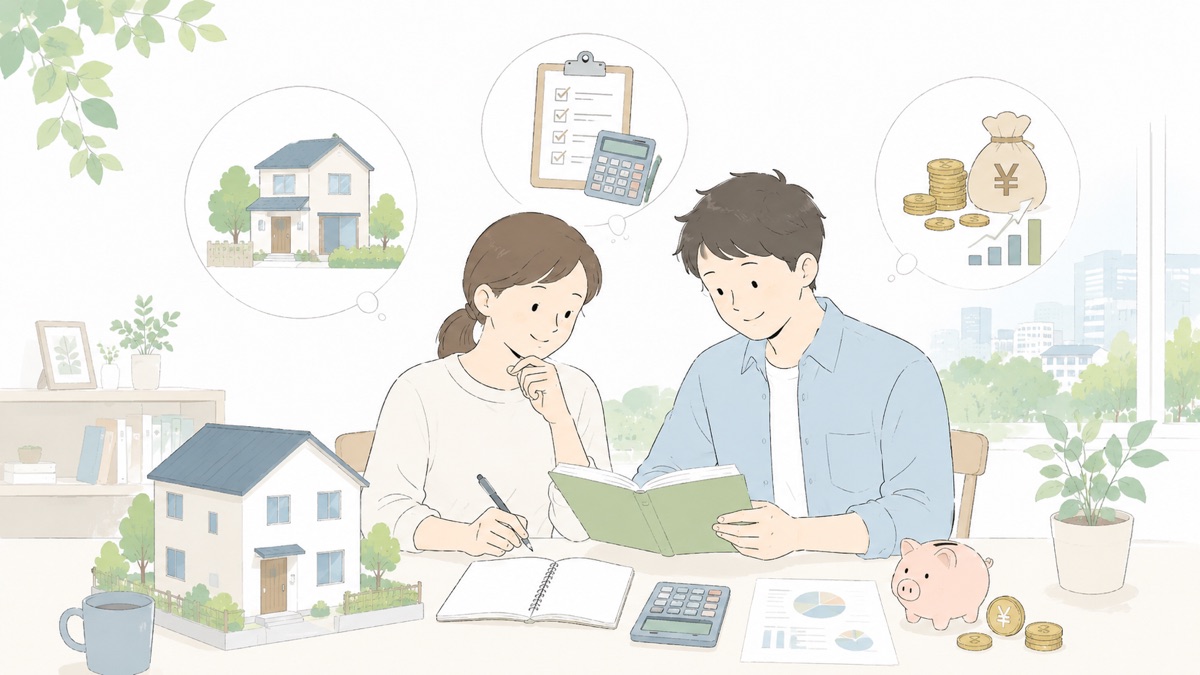 夫婦で住宅購入の基礎知識を学ぶイラスト