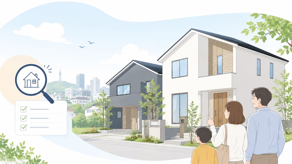 仙台市の新築建売住宅を見学する家族のイラスト